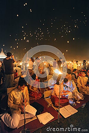 People release Khom Loi, the sky lanterns during Yi Peng or Loi Krathong festival Editorial Stock Photo