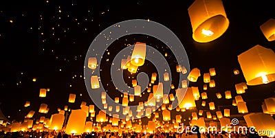 People release Paper Sky Lantern in Yee Peng Festival Stock Photo