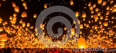 People release Paper Sky Lantern in Yee Peng Festival Stock Photo