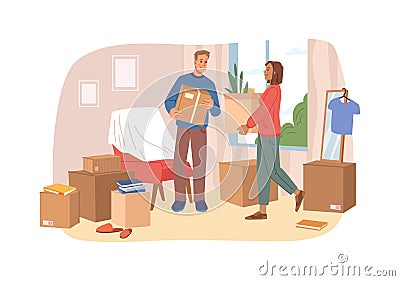 Moving relocation cartoon people packing things Vector Illustration