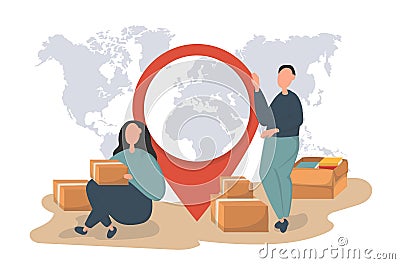 People relocating to new apartment flat vector illustration. Man and woman flat characters packing belongings. Young Vector Illustration