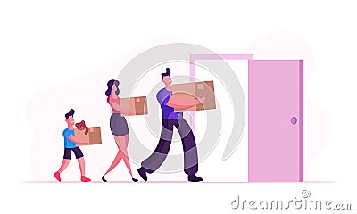 People Relocation, Happy Family Moving into New House. Mother, Father and Little Son Carry Boxes and Things to Home Vector Illustration