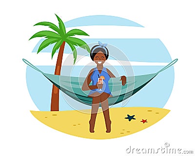 People rest hammocks set. Relaxing women and men tropical beaches and in nature comfortable stretch beds for restful Vector Illustration