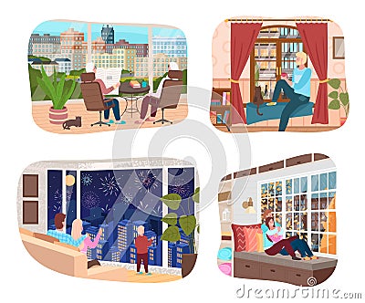 People rest at home look out the window, family watch the weather and events outside scenes set Vector Illustration