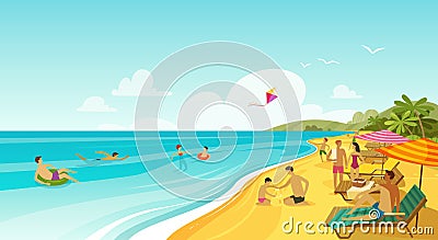 People rest on sea beach. Vacation, travel banner. Cartoon vector illustration Vector Illustration