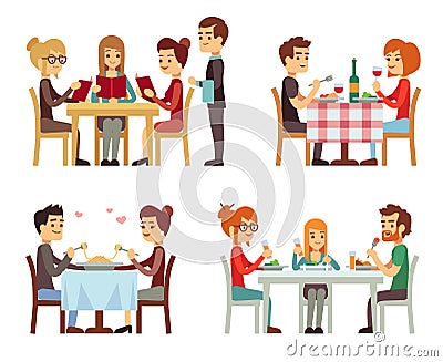 People in restaurant eating dinner vector flat concepts Vector Illustration