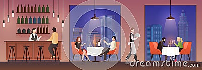 People in restaurant. Families having lunch in food court, men women meeting eating meal drink, dinner cafe buffet flat Vector Illustration