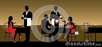 People resting in night club or restaurant and the waiters servi Vector Illustration