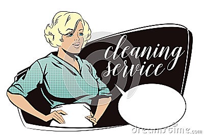 People in retro style. Girl from cleaning service. Vector Illustration