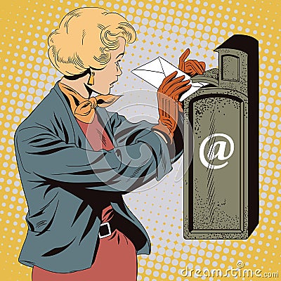 People in retro style. Girl puts letter into mailbox. Vector Illustration