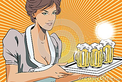 People in retro style. Girl waitress with beer. Vector Illustration