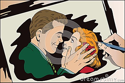 People in retro style. Guy wants to kiss a girl. Vector Illustration