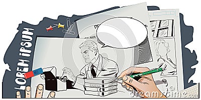 People in retro style. Man looks paper files. Vector Illustration