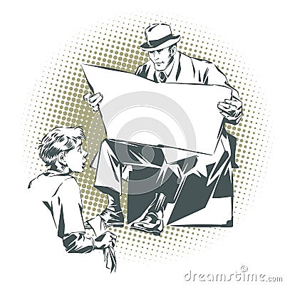 People in retro style pop art and vintage advertising. The boy cleans boots man with a newspaper. Newspaper for your text Vector Illustration