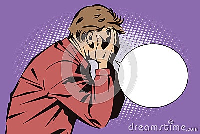 People in retro style pop art and vintage advertising. Upset man covers his face with his hands Vector Illustration