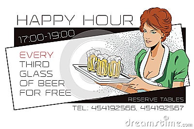 People in retro style. A waitress carrying a tray with a beer. Vector Illustration