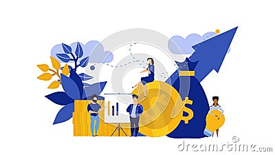 People review money vector analytics application communication business. Employee building finance with arrow and coins concept Vector Illustration