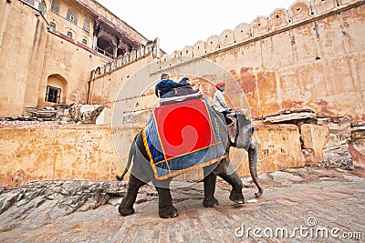 People ride the big elephant for trip to the historical indian Fort Editorial Stock Photo