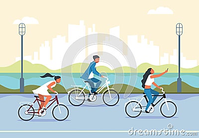 People riding bicycle. Cartoon active characters in city park riding bike, active and healthy lifestyle concept. Vector Vector Illustration