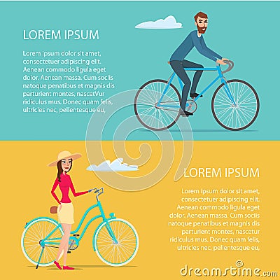 People riding bicycle. Cyclists man and woman. Cartoon poster Vector Illustration