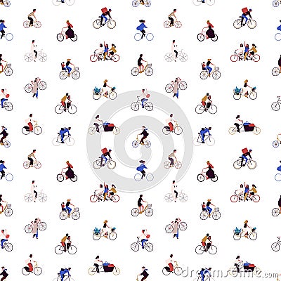 People riding bicycle flat vector seamless pattern. Men and women with urban vehicle background. Cartoon characters Vector Illustration