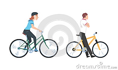 People riding bicycles set. Young man and woman using two wheeled transport cartoon vector illustration Vector Illustration