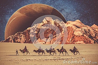 People are riding camels in a desert on a planet in the universe Editorial Stock Photo