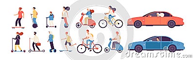 People riding. Man woman with electric vehicles ride motorbike skateboard scooter skate car bicycle roller gyroscooter Vector Illustration