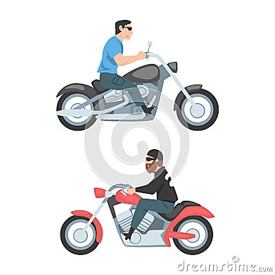 People riding motorcycles set. Young men using two wheeled transport cartoon vector illustration Cartoon Illustration