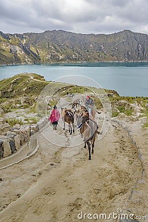 People Riding Mules at Road in Quilotoa Lake, Ecuador Editorial Stock Photo