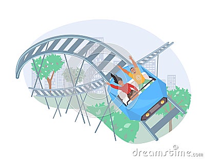 People riding roller coaster, vector illustration. Fairground amusement park attraction. Entertainment, leisure activity Vector Illustration