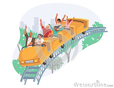 People riding roller coaster, vector illustration. Fairground amusement park attraction. Entertainment, leisure activity Vector Illustration