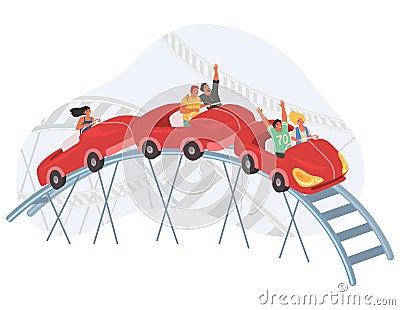 People riding roller coaster, vector illustration. Fairground amusement park attraction. Entertainment, leisure activity Vector Illustration