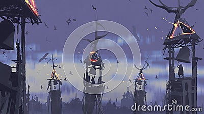 People ringing bell on tower against birds flying in the sky Cartoon Illustration