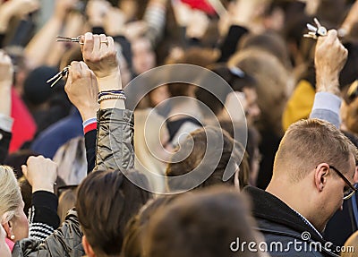 People ringing keys on the demonstration on Prague Wenceslas square against the current government and Babis Editorial Stock Photo