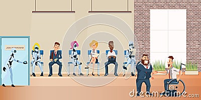 People and Robot Queue for Job Interview at Office Vector Illustration