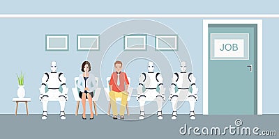 People and Robot Queue waiting for Job Interview at Office Vector Illustration
