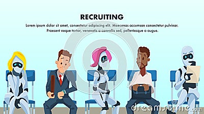 People and Robot Sit in Queue for Job Interview Vector Illustration