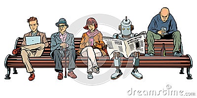 People and a robot sitting on a Park bench Vector Illustration