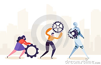 People and Robot Working Together. Human Characters and Robotic Rolling Gear. Future Man and Ai Partnership Concept Vector Illustration