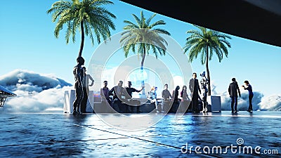 People and robots. futuristic city station on the clouds. Flying futuristic ships. 3d rendering. Stock Photo