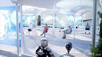 People and robots. Sci fi station. Futuristic monorail transport. Concept of future. 3d rendering. Stock Photo