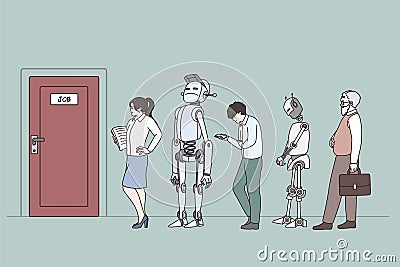 People and robots compete for job vacancy Vector Illustration