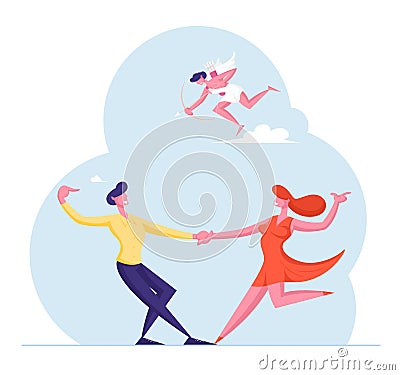 People in Romantic Relationship. Couple on Date Dancing Cupid with Bow and Arrows Flying in Sky. Falling in Love Vector Illustration
