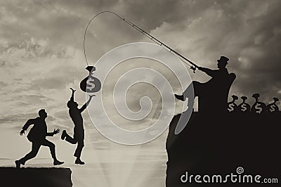 People run for bag with money into abyss and businessman manipulates Stock Photo