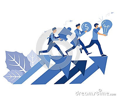 people run with ideas, money and creative puzzle solving. fast business running partners team. Vector Illustration