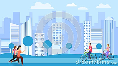 People run and ride a bike. People lead an active lifestyle and go in for sports. Colored cityscape, realistic landscape. Vector Cartoon Illustration