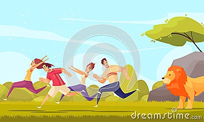 People Running Away From Lion Vector Illustration