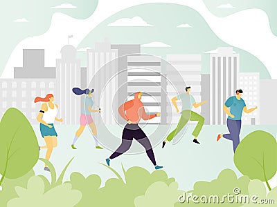People running in city, jogging men and women cartoon characters, sport marathon vector illustration Vector Illustration