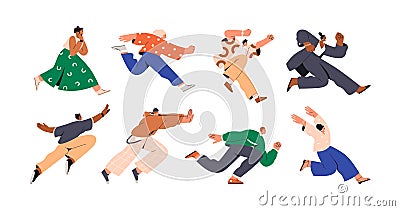 People running fast set. Happy active characters rushing forward, aspiring. Excited determined men, women hurrying on Cartoon Illustration